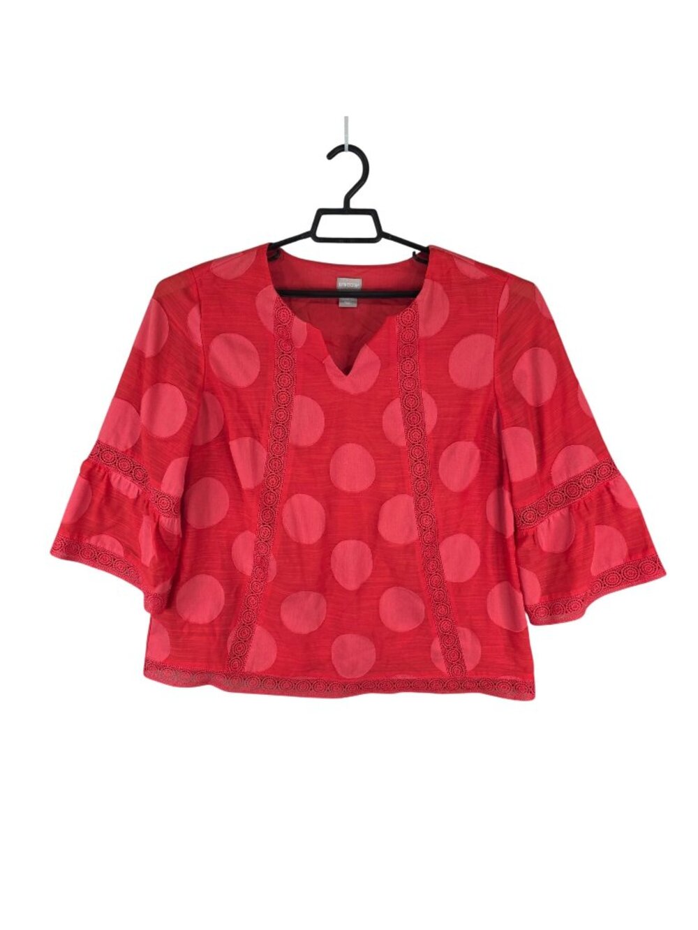 Womens Chicos Red Polka Dot Blouse Lace Trim 3/4 Bell Sleeves Polyester Blend 2